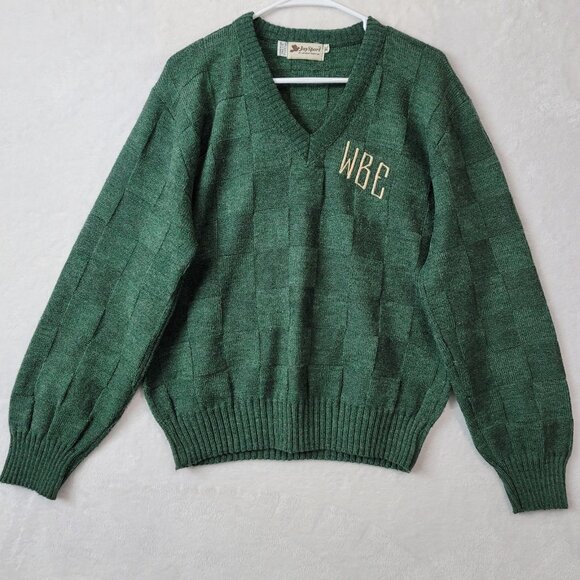 VTG Jay Sport Mens V-Neck Golf Sweater Basket Weave Size XL Green Embroidered - Picture 1 of 13